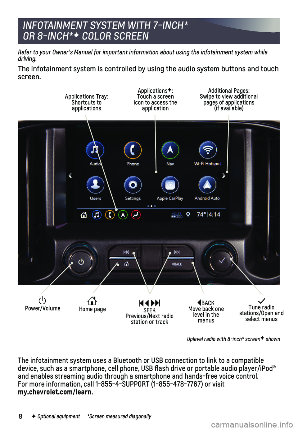 CHEVROLET COLORADO 2019 Get To Know Guide 8
BACK Move back one level in the menus
Tune radio stations/Open and select menus
Home page
ApplicationsF: Touch a screen icon to access the application
Applications Tray: Shortcuts to applications CHEVROLET COLORADO 2019 Get To Know Guide 8
BACK Move back one level in the menus
Tune radio stations/Open and select menus
Home page
ApplicationsF: Touch a screen icon to access the application
Applications Tray: Shortcuts to applications