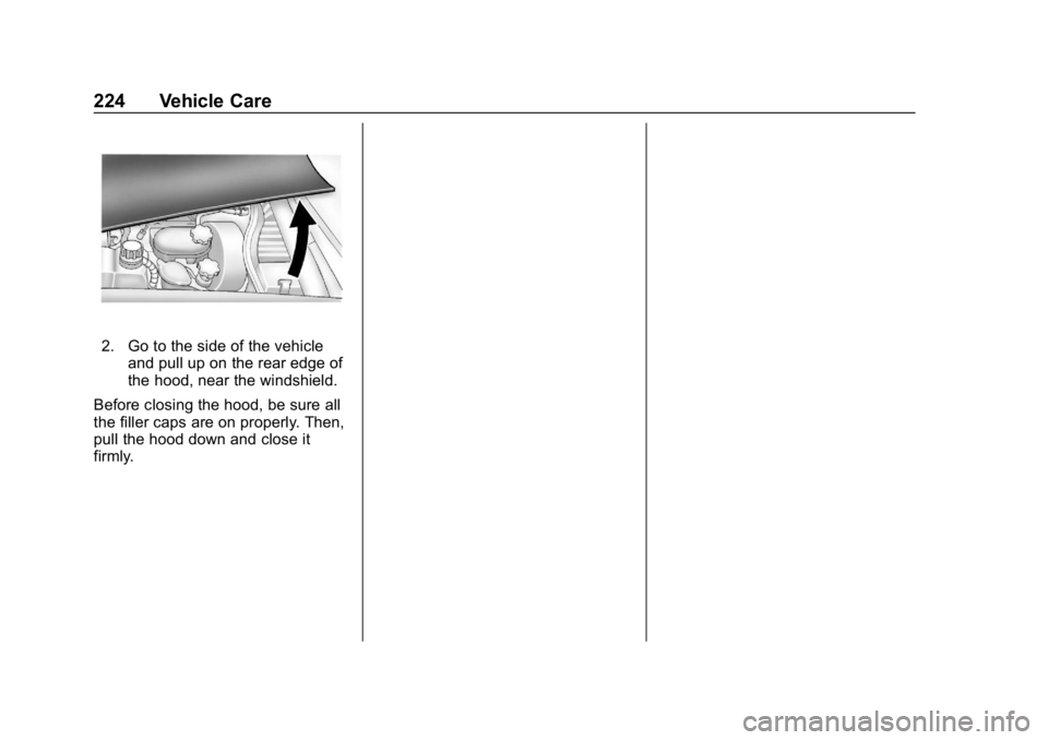 CHEVROLET CORVETTE 2019  Owners Manual Chevrolet Corvette Owner Manual (GMNA-Localizing-U.S./Canada/Mexico-
12032182) - 2019 - crc - 5/8/18
224 Vehicle Care
2. Go to the side of the vehicleand pull up on the rear edge of
the hood, near the