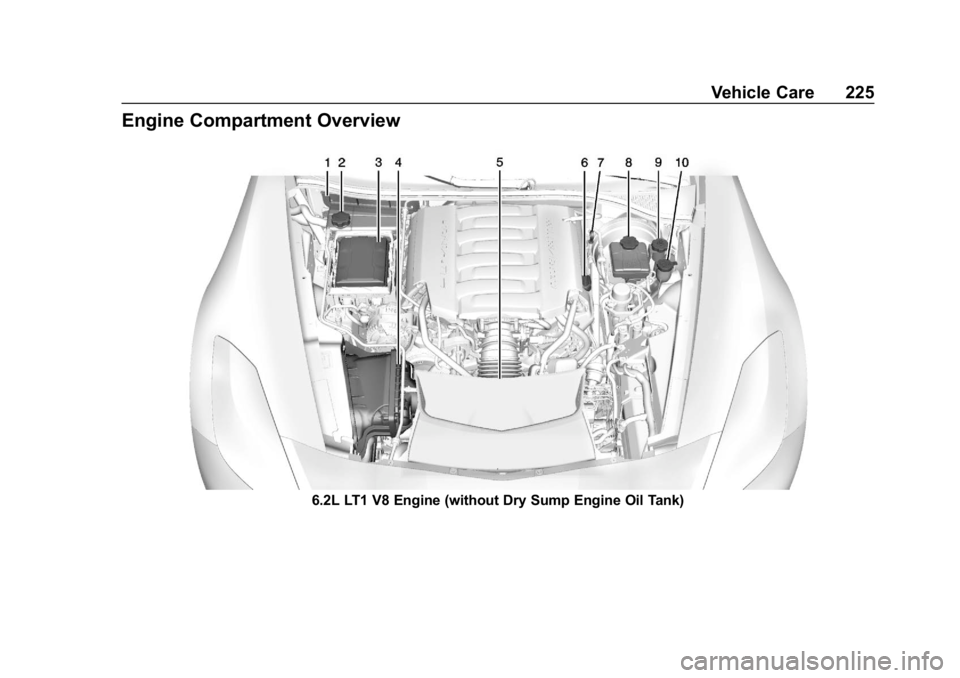 CHEVROLET CORVETTE 2019  Owners Manual Chevrolet Corvette Owner Manual (GMNA-Localizing-U.S./Canada/Mexico-
12032182) - 2019 - crc - 5/8/18
Vehicle Care 225
Engine Compartment Overview
6.2L LT1 V8 Engine (without Dry Sump Engine Oil Tank) 