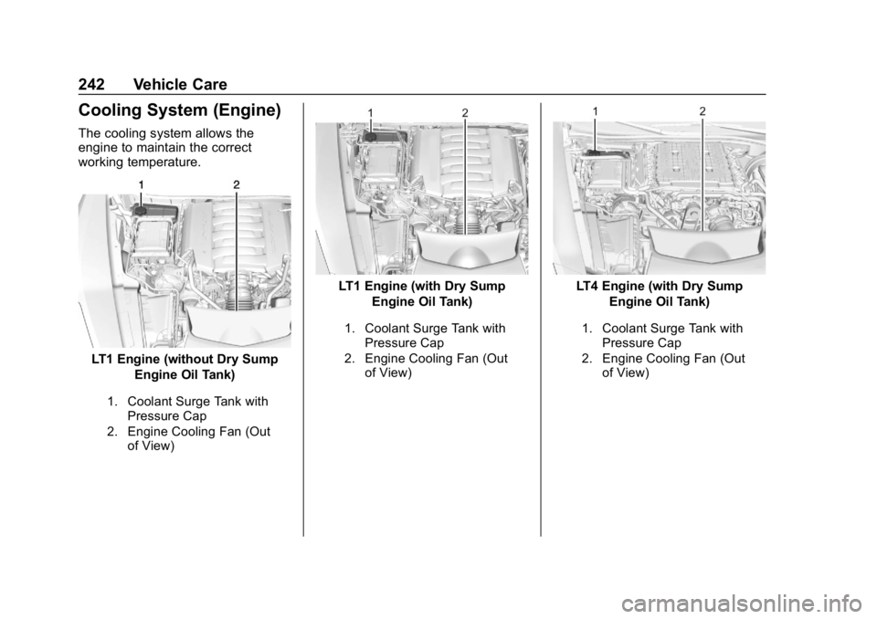 CHEVROLET CORVETTE 2019  Owners Manual Chevrolet Corvette Owner Manual (GMNA-Localizing-U.S./Canada/Mexico-
12032182) - 2019 - crc - 5/8/18
242 Vehicle Care
Cooling System (Engine)
The cooling system allows the
engine to maintain the corre