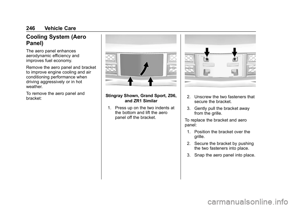 CHEVROLET CORVETTE 2019  Owners Manual Chevrolet Corvette Owner Manual (GMNA-Localizing-U.S./Canada/Mexico-
12032182) - 2019 - crc - 5/8/18
246 Vehicle Care
Cooling System (Aero
Panel)
The aero panel enhances
aerodynamic efficiency and
imp