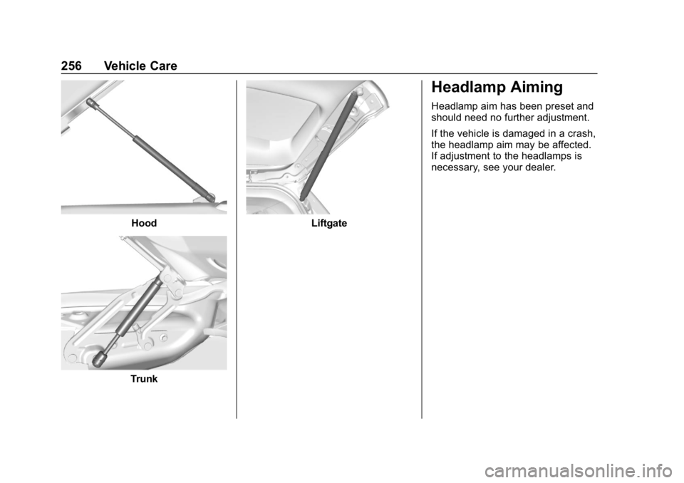 CHEVROLET CORVETTE 2019  Owners Manual Chevrolet Corvette Owner Manual (GMNA-Localizing-U.S./Canada/Mexico-
12032182) - 2019 - crc - 5/8/18
256 Vehicle Care
Hood
Trunk
Liftgate
Headlamp Aiming
Headlamp aim has been preset and
should need n