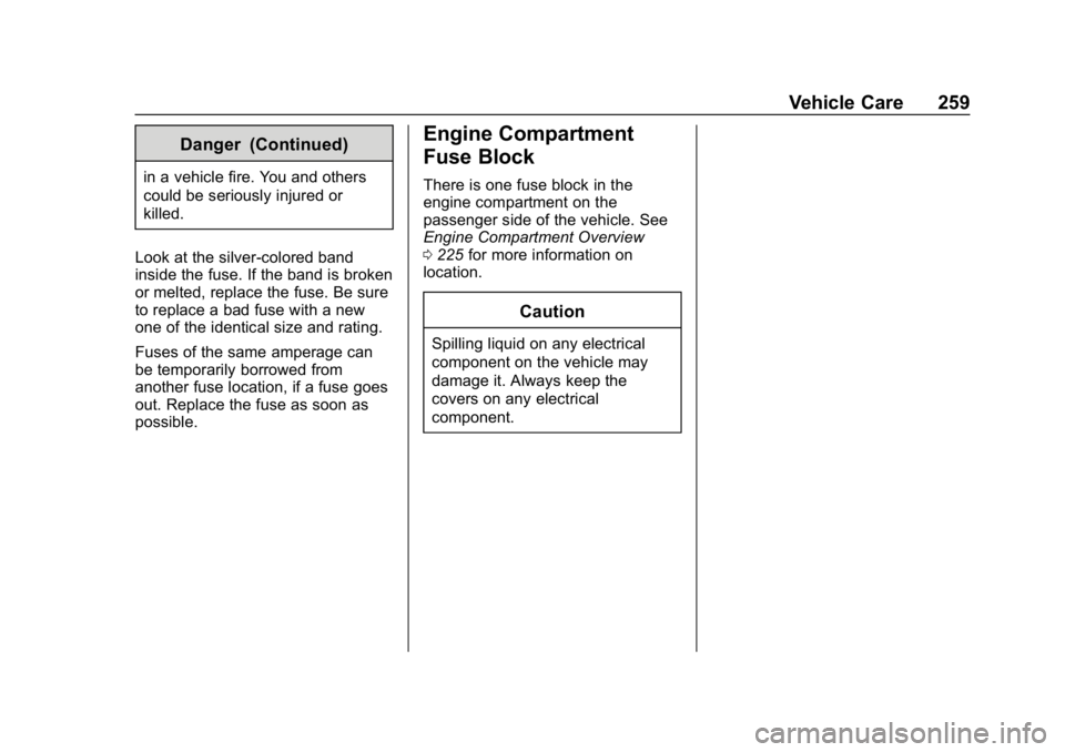 CHEVROLET CORVETTE 2019  Owners Manual Chevrolet Corvette Owner Manual (GMNA-Localizing-U.S./Canada/Mexico-
12032182) - 2019 - crc - 5/8/18
Vehicle Care 259
Danger (Continued)
in a vehicle fire. You and others
could be seriously injured or