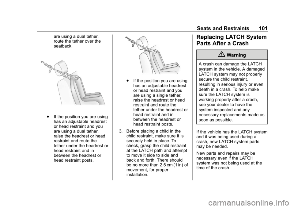 CHEVROLET EQUINOX 2019  Owners Manual Chevrolet Equinox Owner Manual (GMNA-Localizing-U.S./Canada/Mexico-
12145779) - 2019 - CRC - 7/30/18
Seats and Restraints 101
are using a dual tether,
route the tether over the
seatback.
.If the posit