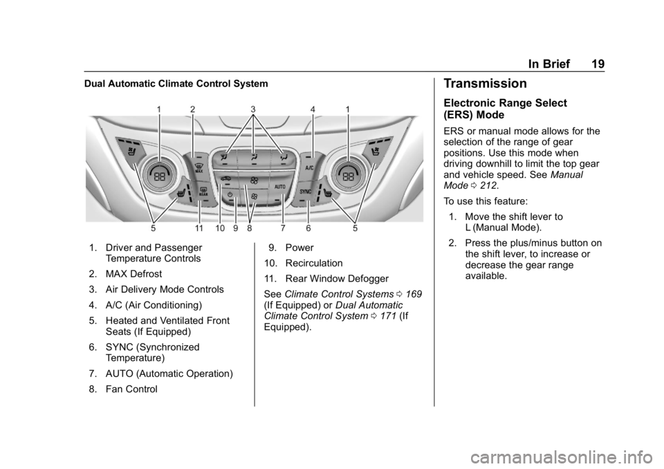 CHEVROLET EQUINOX 2019  Owners Manual Chevrolet Equinox Owner Manual (GMNA-Localizing-U.S./Canada/Mexico-
12145779) - 2019 - CRC - 7/30/18
In Brief 19
Dual Automatic Climate Control System
1. Driver and PassengerTemperature Controls
2. MA