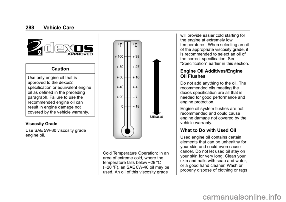 CHEVROLET EQUINOX 2019 Owners Manual Chevrolet Equinox Owner Manual (GMNA-Localizing-U.S./Canada/Mexico-
12145779) - 2019 - CRC - 7/30/18
288 Vehicle Care
Caution
Use only engine oil that is
approved to the dexos2
specification or equiva CHEVROLET EQUINOX 2019 Owners Manual Chevrolet Equinox Owner Manual (GMNA-Localizing-U.S./Canada/Mexico-
12145779) - 2019 - CRC - 7/30/18
288 Vehicle Care
Caution
Use only engine oil that is
approved to the dexos2
specification or equiva