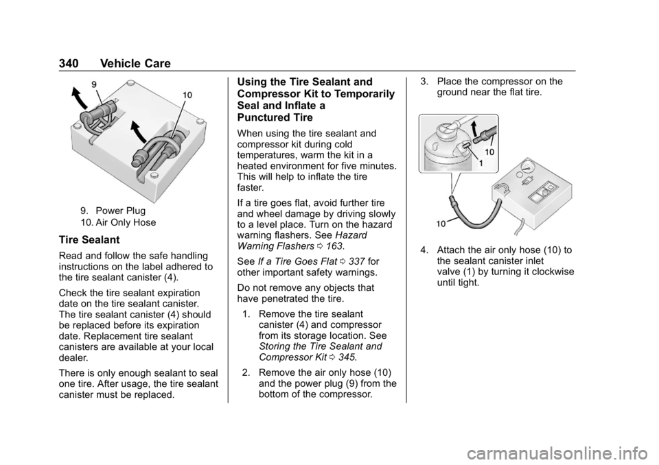 CHEVROLET EQUINOX 2019  Owners Manual Chevrolet Equinox Owner Manual (GMNA-Localizing-U.S./Canada/Mexico-
12145779) - 2019 - CRC - 7/30/18
340 Vehicle Care
9. Power Plug
10. Air Only Hose
Tire Sealant
Read and follow the safe handling
ins