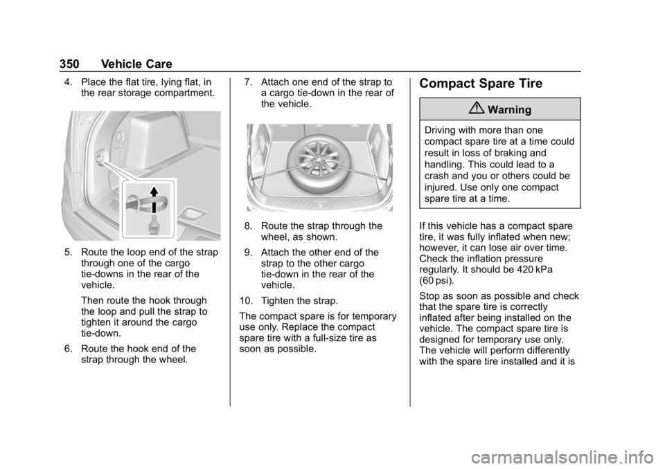 CHEVROLET EQUINOX 2019  Owners Manual Chevrolet Equinox Owner Manual (GMNA-Localizing-U.S./Canada/Mexico-
12145779) - 2019 - CRC - 7/30/18
350 Vehicle Care
4. Place the flat tire, lying flat, inthe rear storage compartment.
5. Route the l