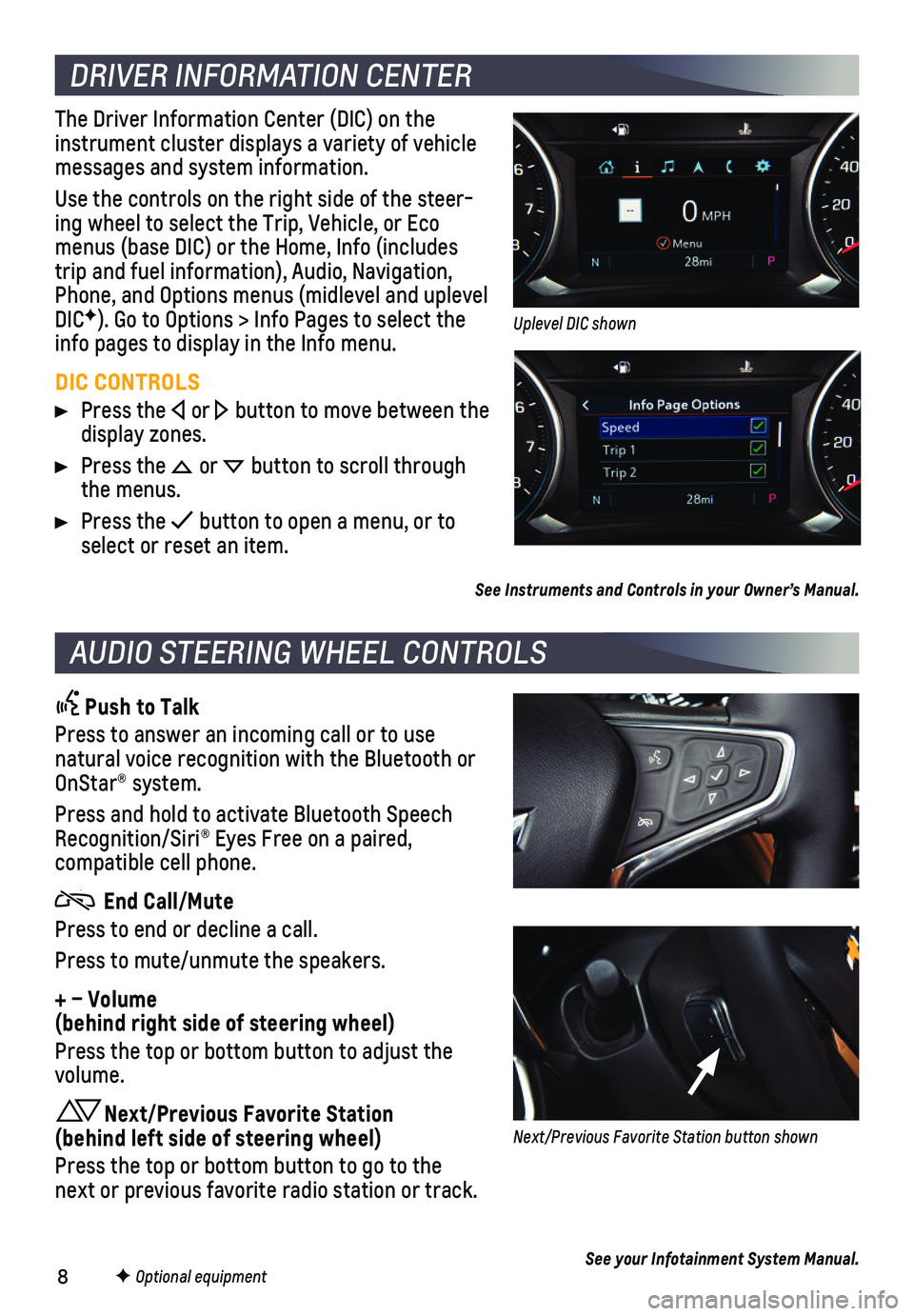 CHEVROLET EQUINOX 2019 Get To Know Guide 8
DRIVER INFORMATION CENTER
AUDIO STEERING WHEEL CONTROLS
F Optional equipment
The Driver Information Center (DIC) on the instrument cluster displays a variety of vehicle messages and system informati CHEVROLET EQUINOX 2019 Get To Know Guide 8
DRIVER INFORMATION CENTER
AUDIO STEERING WHEEL CONTROLS
F Optional equipment
The Driver Information Center (DIC) on the instrument cluster displays a variety of vehicle messages and system informati
