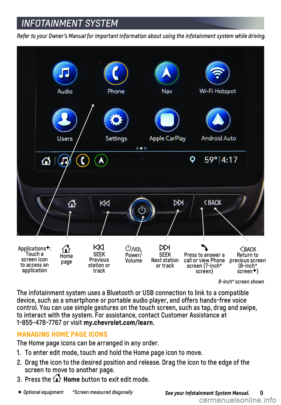 CHEVROLET EQUINOX 2019 Get To Know Guide 9F Optional equipment *Screen measured diagonally
INFOTAINMENT SYSTEM
Refer to your Owner’s Manual for important information about using the infotainment system while driving.
The infotainmen CHEVROLET EQUINOX 2019 Get To Know Guide 9F Optional equipment *Screen measured diagonally
INFOTAINMENT SYSTEM
Refer to your Owner’s Manual for important information about using the infotainment system while driving.
The infotainmen