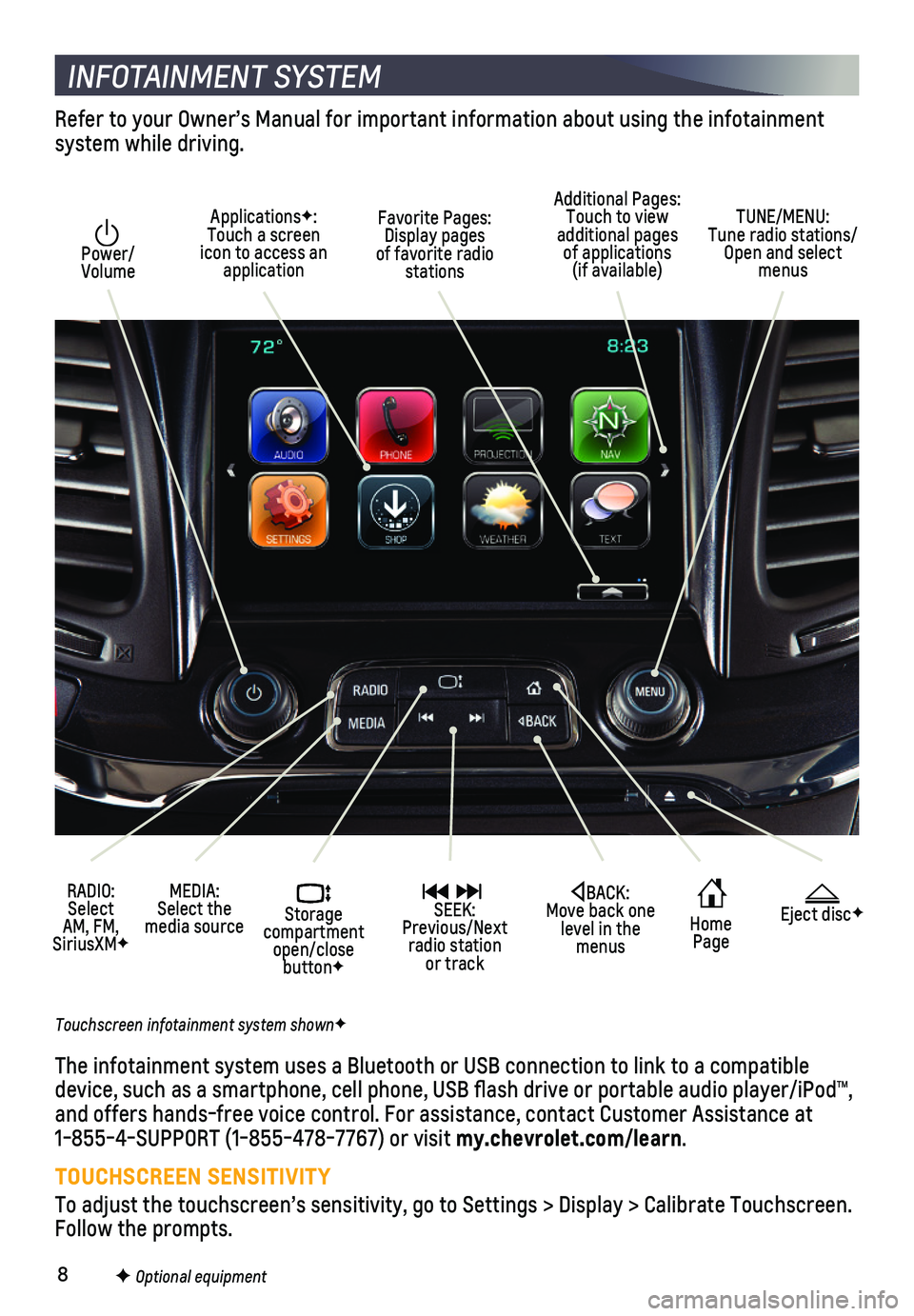 CHEVROLET IMPALA 2019 Get To Know Guide 8
INFOTAINMENT SYSTEM
Power/ Volume
RADIO: Select AM, FM, SiriusXMF
ApplicationsF: Touch a screen icon to access an application
Additional Pages: Touch to view additional pages of applications (if a CHEVROLET IMPALA 2019 Get To Know Guide 8
INFOTAINMENT SYSTEM
Power/ Volume
RADIO: Select AM, FM, SiriusXMF
ApplicationsF: Touch a screen icon to access an application
Additional Pages: Touch to view additional pages of applications (if a