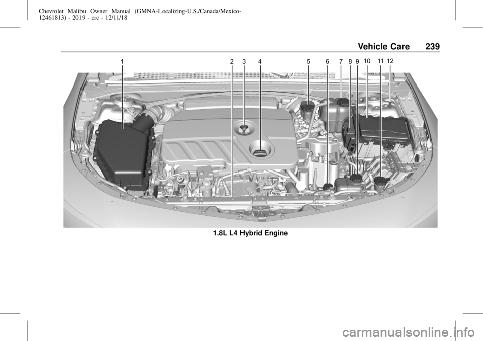 CHEVROLET MALIBU 2019  Owners Manual Chevrolet Malibu Owner Manual (GMNA-Localizing-U.S./Canada/Mexico-
12461813) - 2019 - crc - 12/11/18
Vehicle Care 239
1.8L L4 Hybrid Engine 