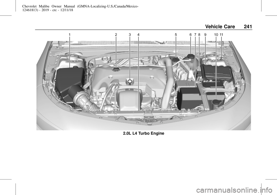 CHEVROLET MALIBU 2019  Owners Manual Chevrolet Malibu Owner Manual (GMNA-Localizing-U.S./Canada/Mexico-
12461813) - 2019 - crc - 12/11/18
Vehicle Care 241
2.0L L4 Turbo Engine 