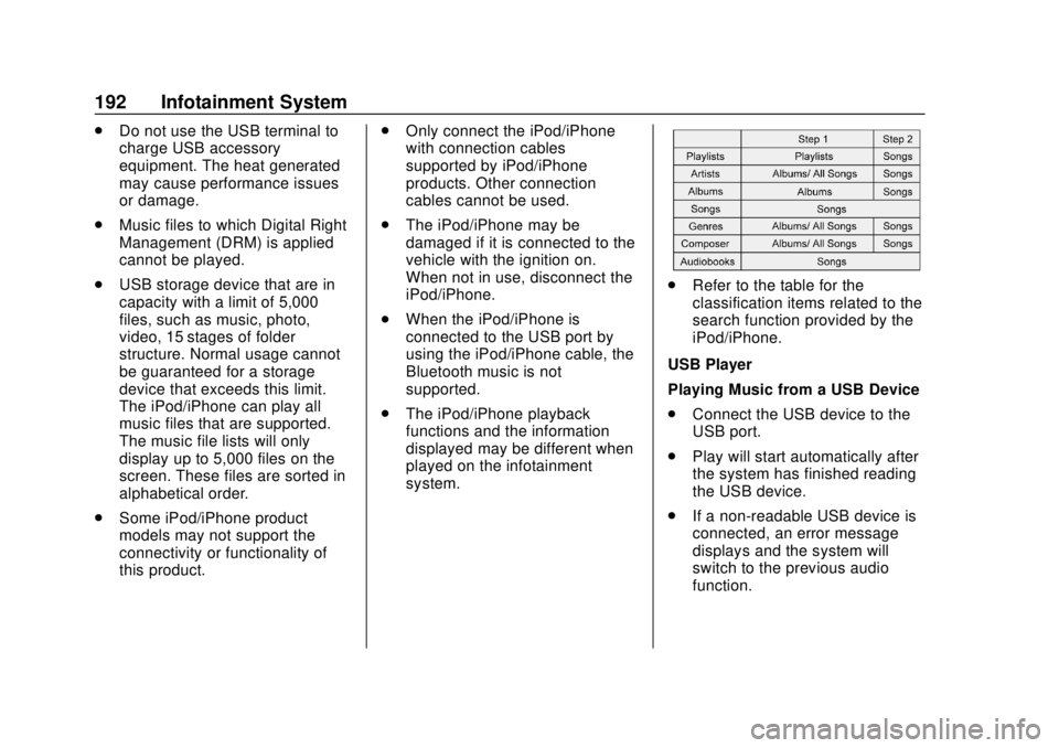 CHEVROLET SILVERADO 1500 LD 2019  Owners Manual Chevrolet Silverado LD 1500 and Silverado 2500/3500 Owner Manual (GMNA-
Localizing-U.S./Canada-12162993) - 2019 - crc - 7/30/18
192 Infotainment System
.Do not use the USB terminal to
charge USB acces