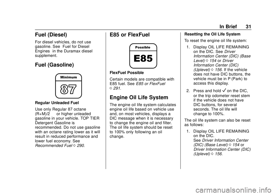 CHEVROLET SILVERADO 1500 LD 2019 Owners Manual Chevrolet Silverado LD 1500 and Silverado 2500/3500 Owner Manual (GMNA-
Localizing-U.S./Canada-12162993) - 2019 - crc - 7/30/18
In Brief 31
Fuel (Diesel)
For diesel vehicles, do not use
gasoline. See CHEVROLET SILVERADO 1500 LD 2019 Owners Manual Chevrolet Silverado LD 1500 and Silverado 2500/3500 Owner Manual (GMNA-
Localizing-U.S./Canada-12162993) - 2019 - crc - 7/30/18
In Brief 31
Fuel (Diesel)
For diesel vehicles, do not use
gasoline. See