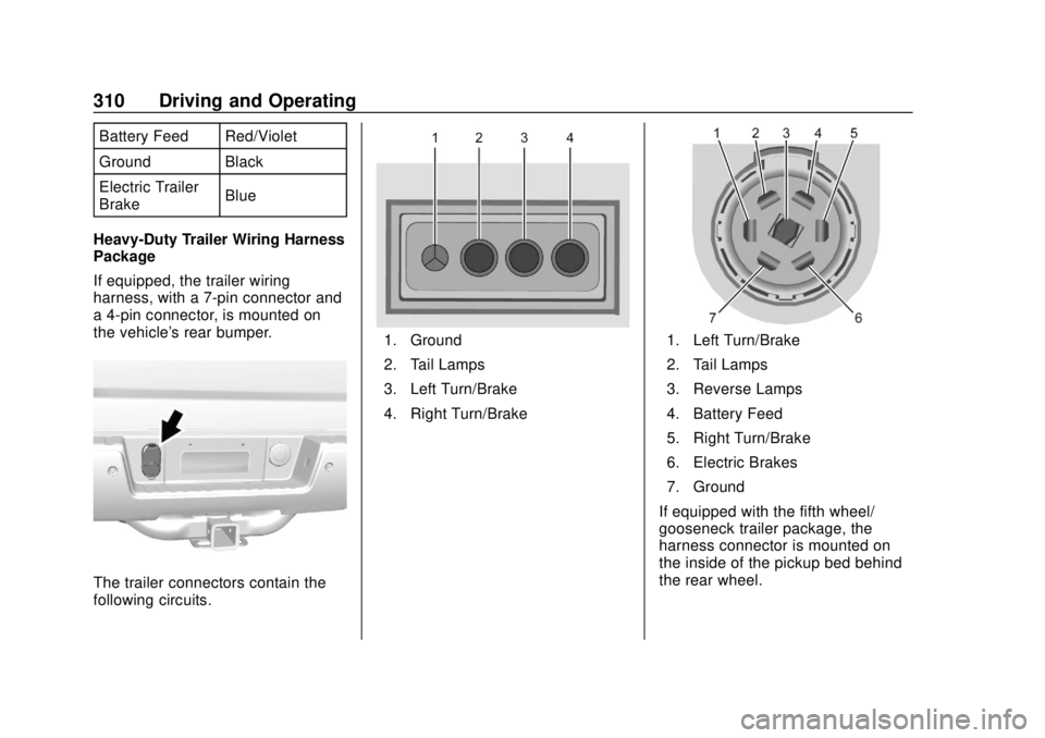 CHEVROLET SILVERADO 1500 LD 2019  Owners Manual Chevrolet Silverado LD 1500 and Silverado 2500/3500 Owner Manual (GMNA-
Localizing-U.S./Canada-12162993) - 2019 - crc - 7/30/18
310 Driving and Operating
Battery Feed Red/Violet
Ground Black
Electric 