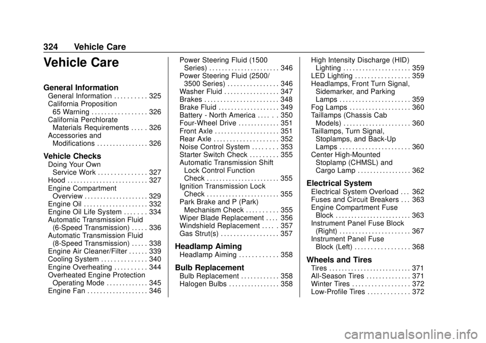 CHEVROLET SILVERADO 1500 LD 2019 Owners Manual Chevrolet Silverado LD 1500 and Silverado 2500/3500 Owner Manual (GMNA-
Localizing-U.S./Canada-12162993) - 2019 - crc - 7/30/18
324 Vehicle Care
Vehicle Care
General Information
General Information . CHEVROLET SILVERADO 1500 LD 2019 Owners Manual Chevrolet Silverado LD 1500 and Silverado 2500/3500 Owner Manual (GMNA-
Localizing-U.S./Canada-12162993) - 2019 - crc - 7/30/18
324 Vehicle Care
Vehicle Care
General Information
General Information .