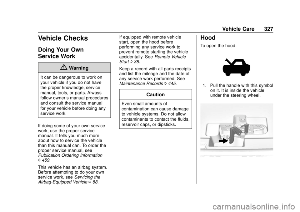 CHEVROLET SILVERADO 1500 LD 2019 Owners Manual Chevrolet Silverado LD 1500 and Silverado 2500/3500 Owner Manual (GMNA-
Localizing-U.S./Canada-12162993) - 2019 - crc - 7/30/18
Vehicle Care 327
Vehicle Checks
Doing Your Own
Service Work
{Warning
It CHEVROLET SILVERADO 1500 LD 2019 Owners Manual Chevrolet Silverado LD 1500 and Silverado 2500/3500 Owner Manual (GMNA-
Localizing-U.S./Canada-12162993) - 2019 - crc - 7/30/18
Vehicle Care 327
Vehicle Checks
Doing Your Own
Service Work
{Warning
It