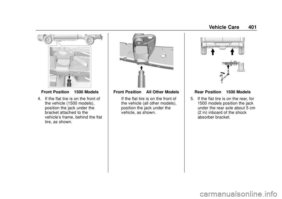 CHEVROLET SILVERADO 1500 LD 2019  Owners Manual Chevrolet Silverado LD 1500 and Silverado 2500/3500 Owner Manual (GMNA-
Localizing-U.S./Canada-12162993) - 2019 - crc - 7/30/18
Vehicle Care 401
Front Position–1500 Models
4. If the flat tire is on 