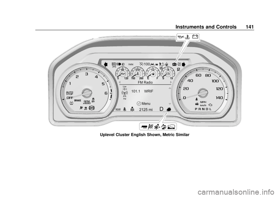 CHEVROLET SILVERADO 2019  Owners Manual Chevrolet Silverado Owner Manual (GMNA-Localizing-U.S./Canada/Mexico-
1500-11698642) - 2019 - CRC - 2/20/19
Instruments and Controls 141
Uplevel Cluster English Shown, Metric Similar 