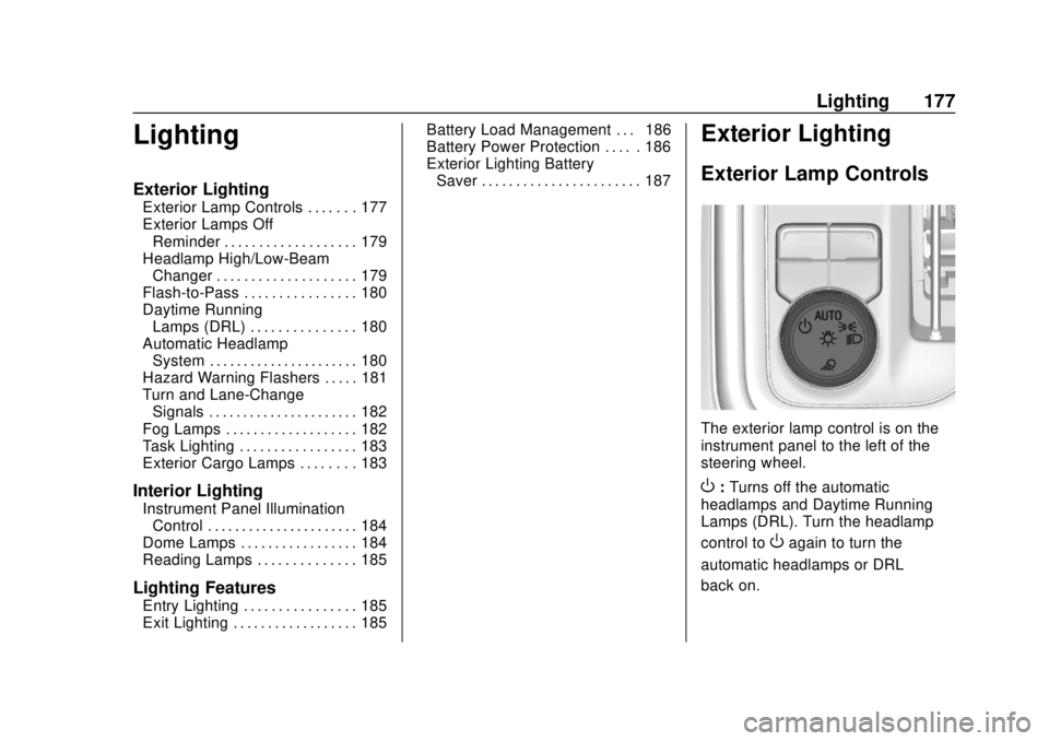 CHEVROLET SILVERADO 2019 Owners Manual Chevrolet Silverado Owner Manual (GMNA-Localizing-U.S./Canada/Mexico-
1500-11698642) - 2019 - CRC - 2/20/19
Lighting 177
Lighting
Exterior Lighting
Exterior Lamp Controls . . . . . . . 177
Exterior La CHEVROLET SILVERADO 2019 Owners Manual Chevrolet Silverado Owner Manual (GMNA-Localizing-U.S./Canada/Mexico-
1500-11698642) - 2019 - CRC - 2/20/19
Lighting 177
Lighting
Exterior Lighting
Exterior Lamp Controls . . . . . . . 177
Exterior La