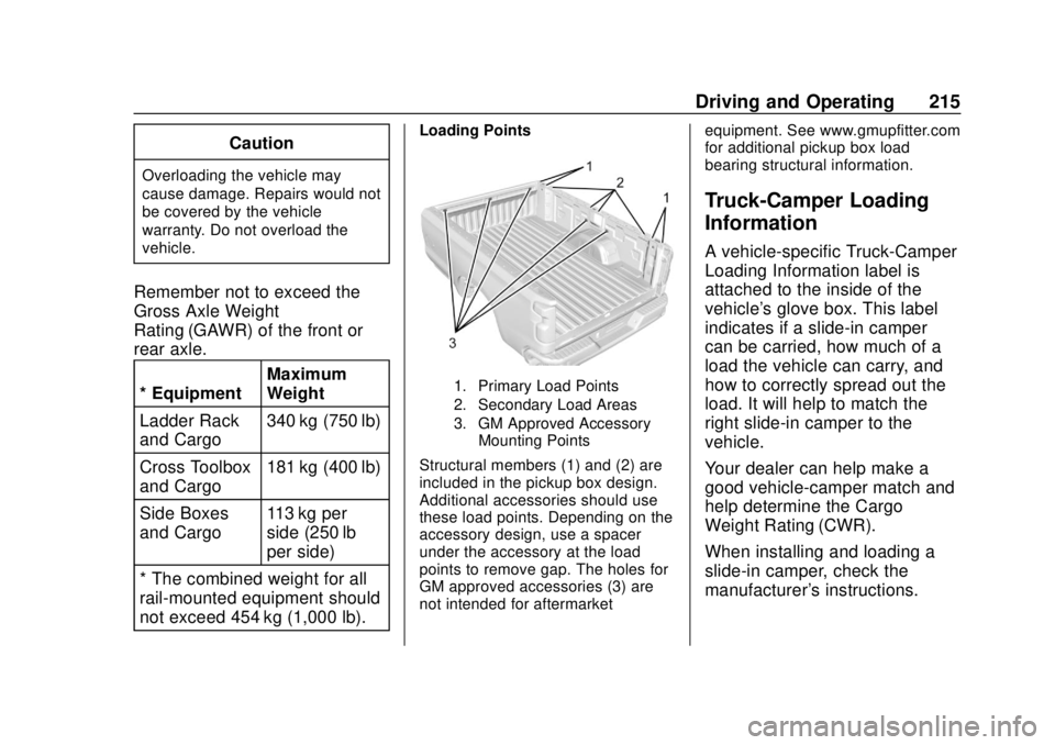 CHEVROLET SILVERADO 2019 Owners Manual Chevrolet Silverado Owner Manual (GMNA-Localizing-U.S./Canada/Mexico-
1500-11698642) - 2019 - CRC - 2/20/19
Driving and Operating 215
Caution
Overloading the vehicle may
cause damage. Repairs would no CHEVROLET SILVERADO 2019 Owners Manual Chevrolet Silverado Owner Manual (GMNA-Localizing-U.S./Canada/Mexico-
1500-11698642) - 2019 - CRC - 2/20/19
Driving and Operating 215
Caution
Overloading the vehicle may
cause damage. Repairs would no