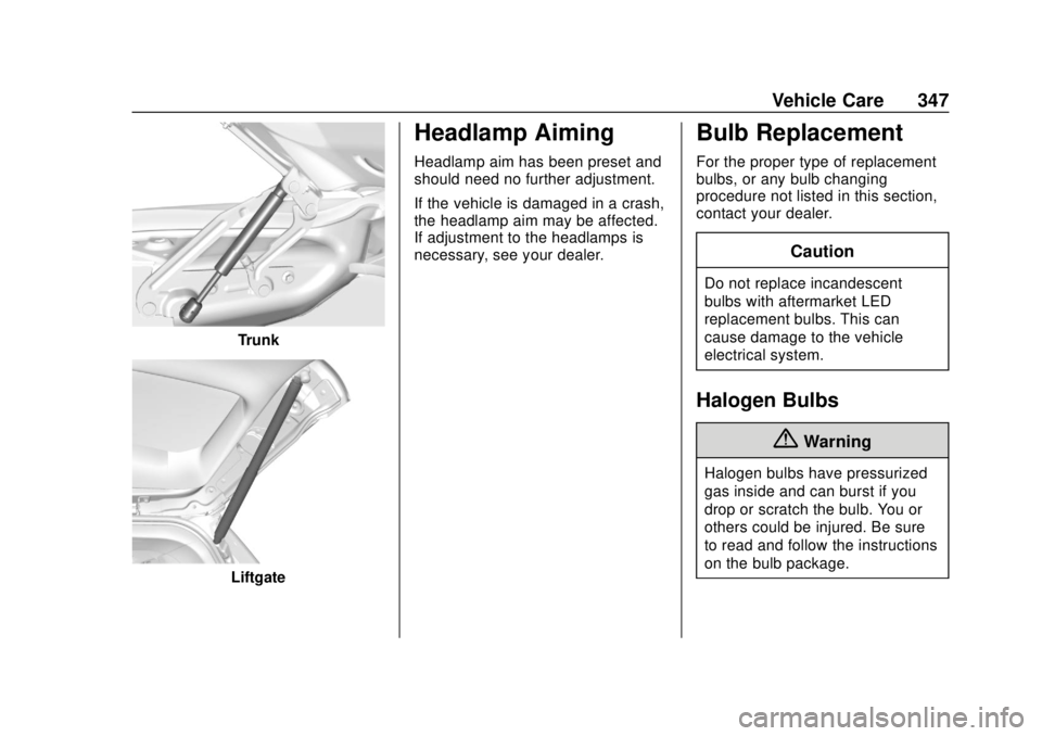 CHEVROLET SILVERADO 2019  Owners Manual Chevrolet Silverado Owner Manual (GMNA-Localizing-U.S./Canada/Mexico-
1500-11698642) - 2019 - CRC - 2/20/19
Vehicle Care 347
Trunk
Liftgate
Headlamp Aiming
Headlamp aim has been preset and
should need