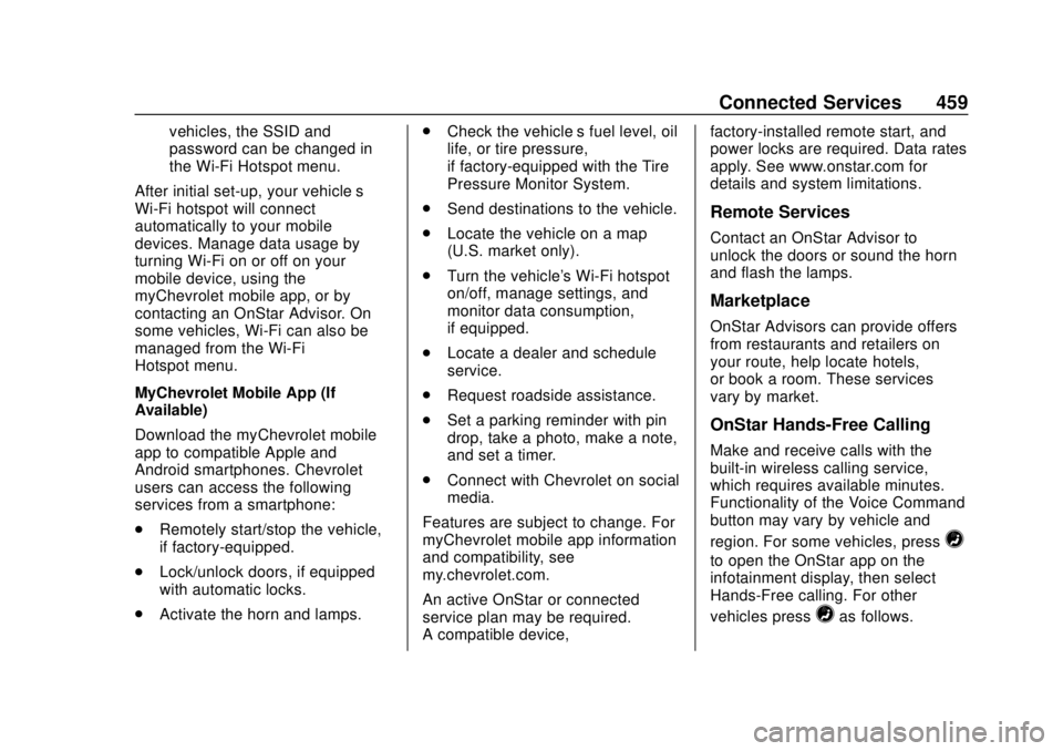 CHEVROLET SILVERADO 2019 Owners Manual Chevrolet Silverado Owner Manual (GMNA-Localizing-U.S./Canada/Mexico-
1500-11698642) - 2019 - CRC - 2/20/19
Connected Services 459
vehicles, the SSID and
password can be changed in
the Wi-Fi Hotspot m CHEVROLET SILVERADO 2019 Owners Manual Chevrolet Silverado Owner Manual (GMNA-Localizing-U.S./Canada/Mexico-
1500-11698642) - 2019 - CRC - 2/20/19
Connected Services 459
vehicles, the SSID and
password can be changed in
the Wi-Fi Hotspot m