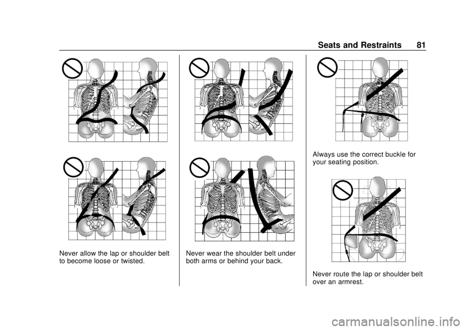 CHEVROLET SILVERADO 2019  Owners Manual Chevrolet Silverado Owner Manual (GMNA-Localizing-U.S./Canada/Mexico-
1500-11698642) - 2019 - CRC - 2/20/19
Seats and Restraints 81
Never allow the lap or shoulder belt
to become loose or twisted.Neve