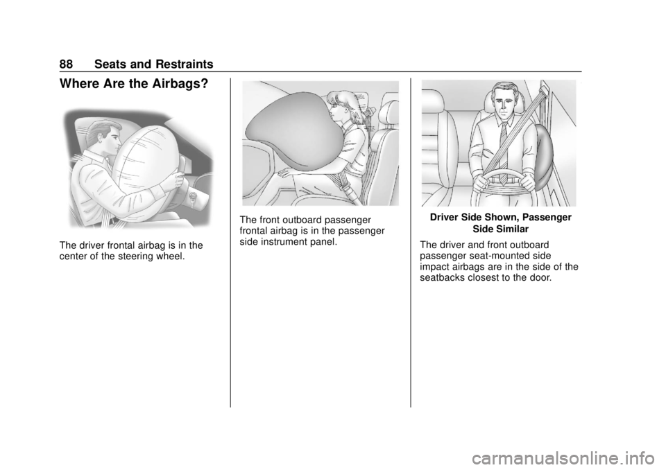 CHEVROLET SILVERADO 2019  Owners Manual Chevrolet Silverado Owner Manual (GMNA-Localizing-U.S./Canada/Mexico-
1500-11698642) - 2019 - CRC - 2/20/19
88 Seats and Restraints
Where Are the Airbags?
The driver frontal airbag is in the
center of