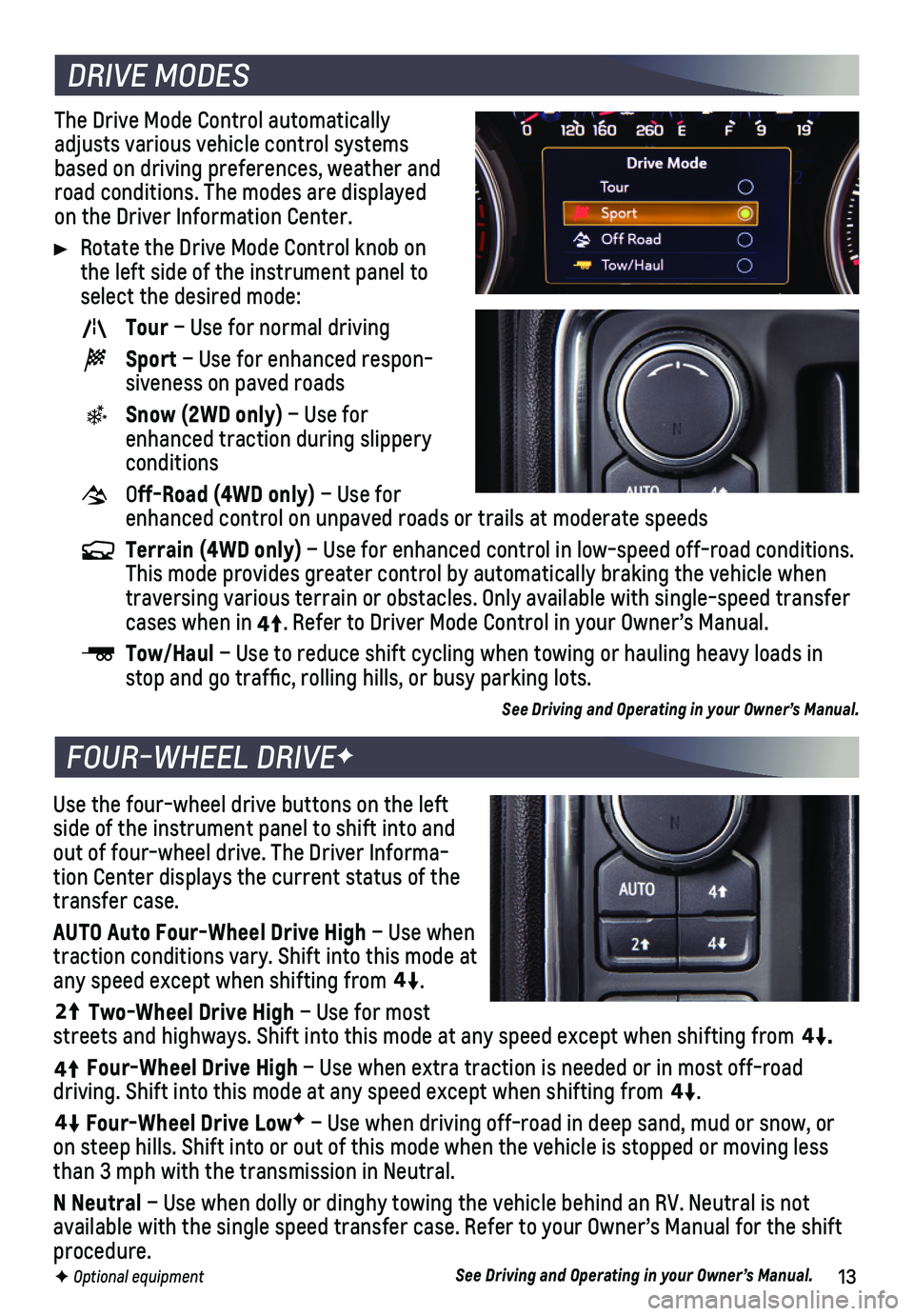 CHEVROLET SILVERADO 2019 Get To Know Guide 13
The Drive Mode Control automatically adjusts various vehicle control systems based on driving preferences, weather and road conditions. The modes are displayed on the Driver Information Center.
Ro CHEVROLET SILVERADO 2019 Get To Know Guide 13
The Drive Mode Control automatically adjusts various vehicle control systems based on driving preferences, weather and road conditions. The modes are displayed on the Driver Information Center.
Ro