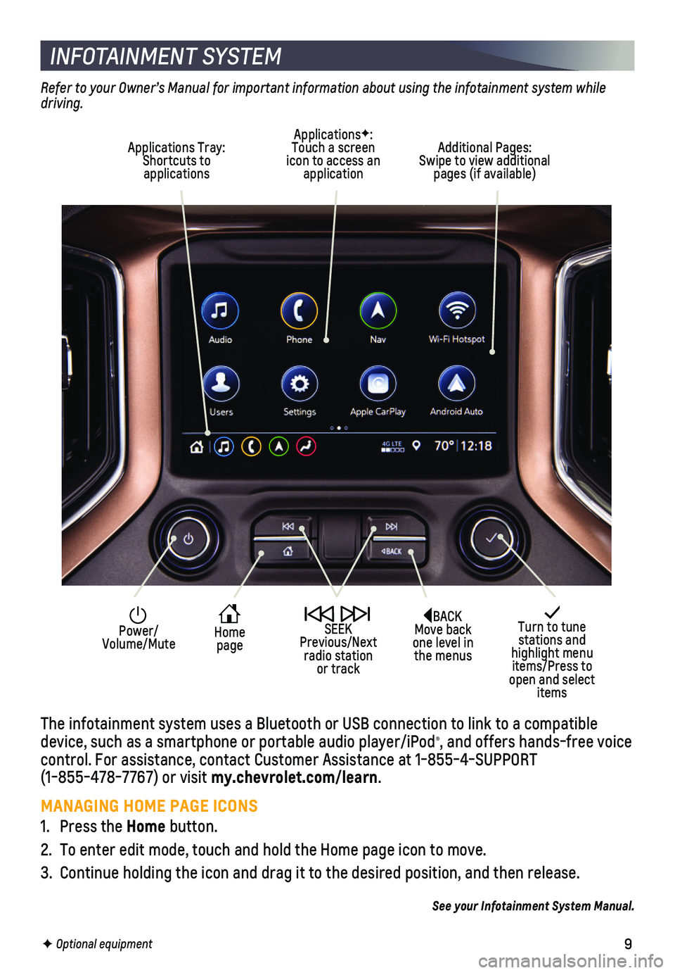 CHEVROLET SILVERADO 2019 Get To Know Guide 9
INFOTAINMENT SYSTEM
The infotainment system uses a Bluetooth or USB connection to link to a \
compatible device, such as a smartphone or portable audio player/iPod®, and offers hands-free voice con CHEVROLET SILVERADO 2019 Get To Know Guide 9
INFOTAINMENT SYSTEM
The infotainment system uses a Bluetooth or USB connection to link to a \
compatible device, such as a smartphone or portable audio player/iPod®, and offers hands-free voice con