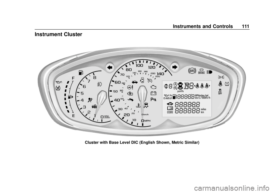 CHEVROLET SONIC 2019  Owners Manual Chevrolet Sonic Owner Manual (GMNA-Localizing-U.S./Canada-12461769) -
2019 - crc - 5/21/18
Instruments and Controls 111
Instrument Cluster
Cluster with Base Level DIC (English Shown, Metric Similar) 