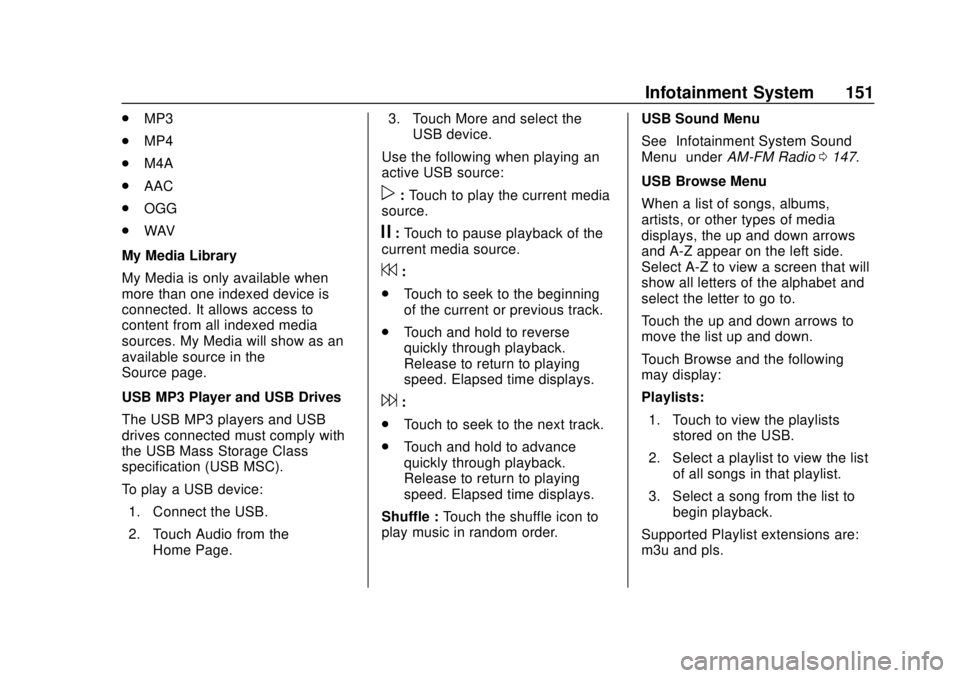 CHEVROLET SONIC 2019  Owners Manual Chevrolet Sonic Owner Manual (GMNA-Localizing-U.S./Canada-12461769) -
2019 - crc - 5/21/18
Infotainment System 151
.MP3
. MP4
. M4A
. AAC
. OGG
. WAV
My Media Library
My Media is only available when
m