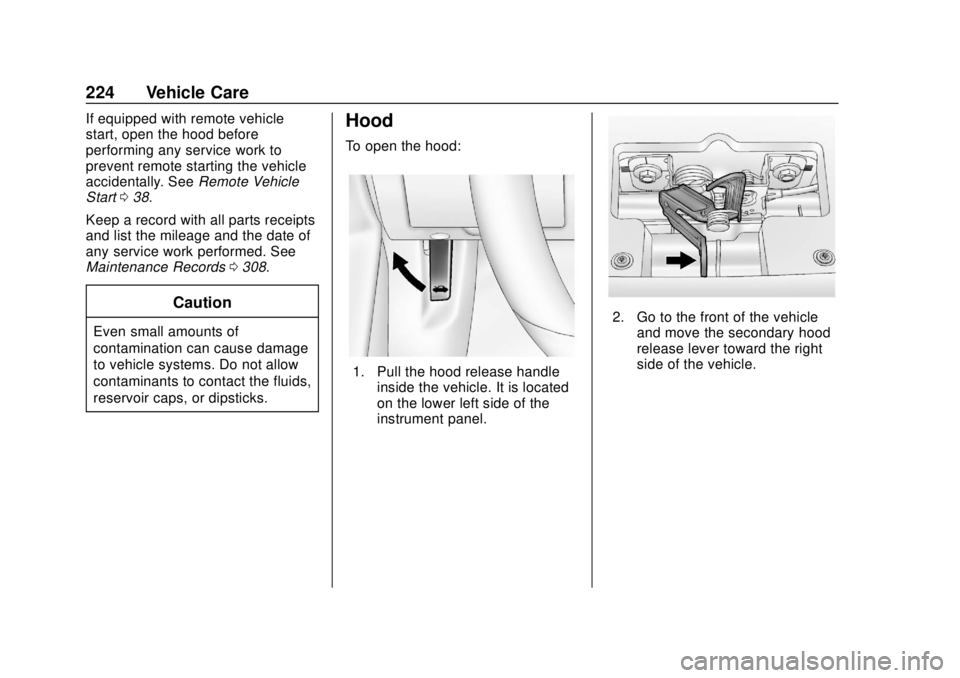 CHEVROLET SONIC 2019  Owners Manual Chevrolet Sonic Owner Manual (GMNA-Localizing-U.S./Canada-12461769) -
2019 - crc - 5/21/18
224 Vehicle Care
If equipped with remote vehicle
start, open the hood before
performing any service work to
p