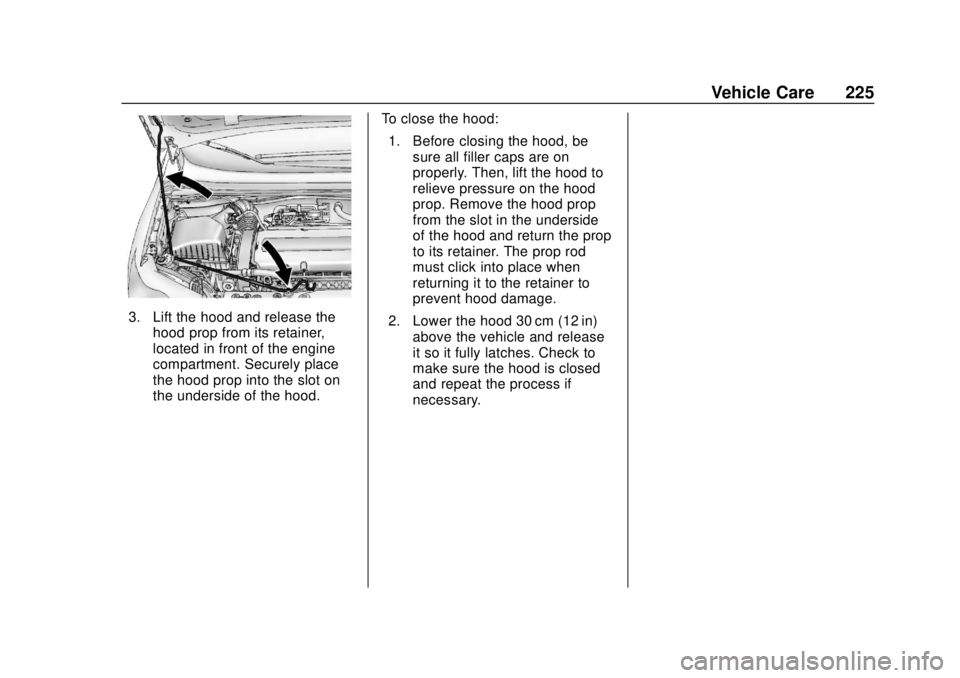 CHEVROLET SONIC 2019  Owners Manual Chevrolet Sonic Owner Manual (GMNA-Localizing-U.S./Canada-12461769) -
2019 - crc - 5/21/18
Vehicle Care 225
3. Lift the hood and release thehood prop from its retainer,
located in front of the engine
