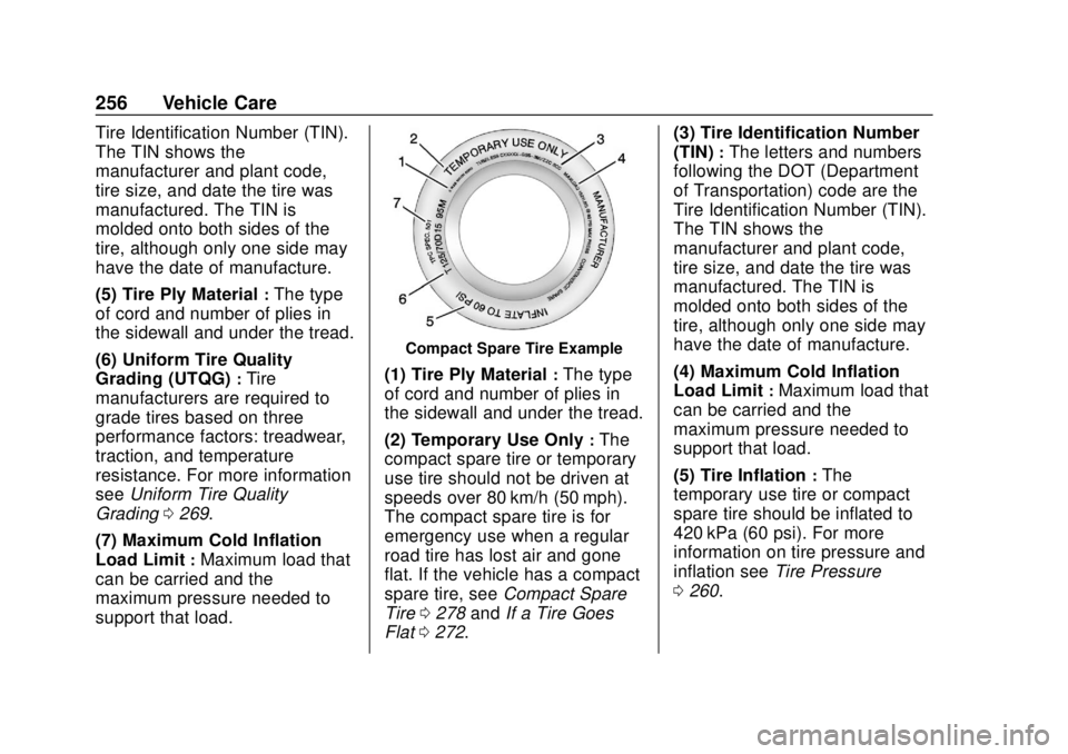 CHEVROLET SONIC 2019  Owners Manual Chevrolet Sonic Owner Manual (GMNA-Localizing-U.S./Canada-12461769) -
2019 - crc - 5/21/18
256 Vehicle Care
Tire Identification Number (TIN).
The TIN shows the
manufacturer and plant code,
tire size, 