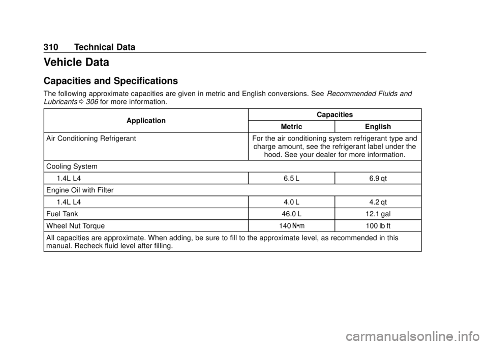 CHEVROLET SONIC 2019  Owners Manual Chevrolet Sonic Owner Manual (GMNA-Localizing-U.S./Canada-12461769) -
2019 - crc - 5/21/18
310 Technical Data
Vehicle Data
Capacities and Specifications
The following approximate capacities are given 