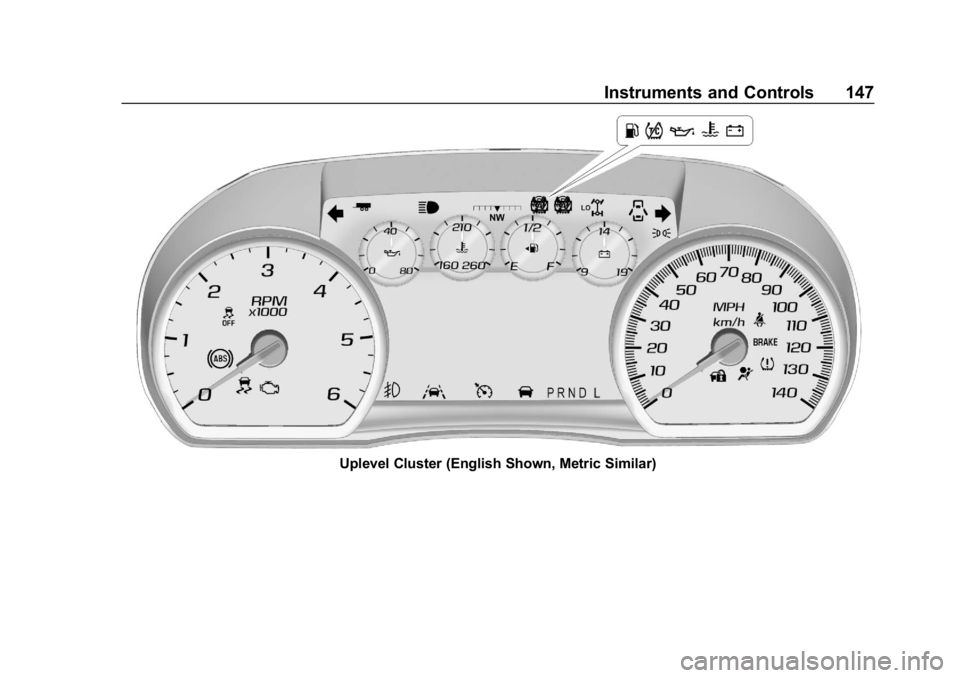 CHEVROLET SUBURBAN 2019  Owners Manual Chevrolet Tahoe/Suburban Owner Manual (GMNA-Localizing-U.S./Canada/
Mexico-12460269) - 2019 - CRC - 9/11/18
Instruments and Controls 147
Uplevel Cluster (English Shown, Metric Similar) 