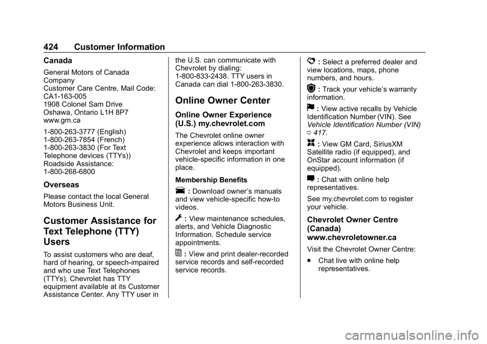 CHEVROLET SUBURBAN 2019 Owners Manual Chevrolet Tahoe/Suburban Owner Manual (GMNA-Localizing-U.S./Canada/
Mexico-12460269) - 2019 - CRC - 9/11/18
424 Customer Information
Canada
General Motors of Canada
Company
Customer Care Centre, Mail CHEVROLET SUBURBAN 2019 Owners Manual Chevrolet Tahoe/Suburban Owner Manual (GMNA-Localizing-U.S./Canada/
Mexico-12460269) - 2019 - CRC - 9/11/18
424 Customer Information
Canada
General Motors of Canada
Company
Customer Care Centre, Mail