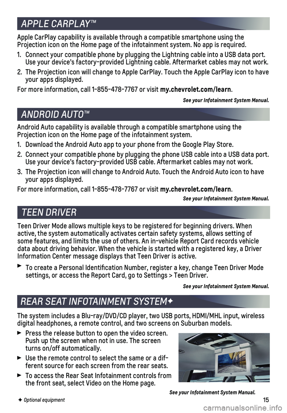 CHEVROLET TAHOE 2019  Get To Know Guide 15
The system includes a Blu-ray/DVD/CD player, two USB ports, HDMI/MHL inp\
ut, wireless digital headphones, a remote control, and two screens on Suburban models\
.
 Press the release button to open 