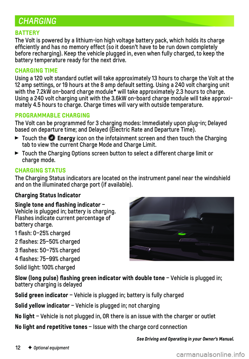 CHEVROLET VOLT 2019 Get To Know Guide 12
CHARGING
BATTERY
The Volt is powered by a lithium-ion high voltage battery pack, which ho\
lds its charge efficiently and has no memory effect (so it doesn’t have to be run\
down completely befo CHEVROLET VOLT 2019 Get To Know Guide 12
CHARGING
BATTERY
The Volt is powered by a lithium-ion high voltage battery pack, which ho\
lds its charge efficiently and has no memory effect (so it doesn’t have to be run\
down completely befo