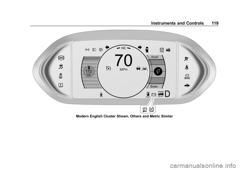 CHEVROLET BOLT EV 2018  Owners Manual Chevrolet BOLT EV Owner Manual (GMNA-Localizing-U.S./Canada/Mexico-
11434431) - 2018 - crc - 2/14/18
Instruments and Controls 119
Modern English Cluster Shown, Others and Metric Similar 