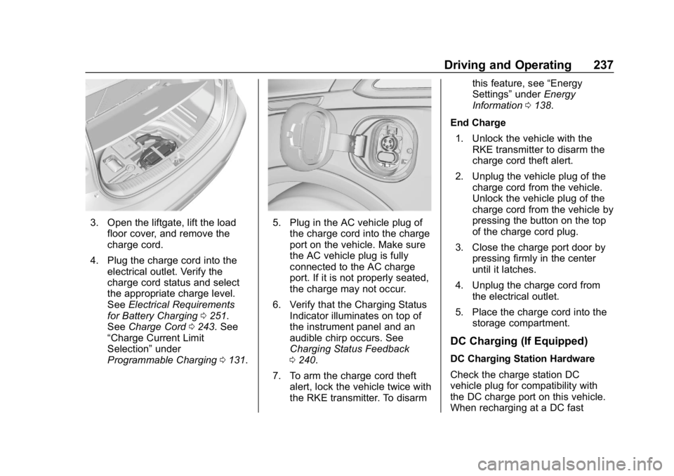 CHEVROLET BOLT EV 2018  Owners Manual Chevrolet BOLT EV Owner Manual (GMNA-Localizing-U.S./Canada/Mexico-
11434431) - 2018 - crc - 2/14/18
Driving and Operating 237
3. Open the liftgate, lift the loadfloor cover, and remove the
charge cor