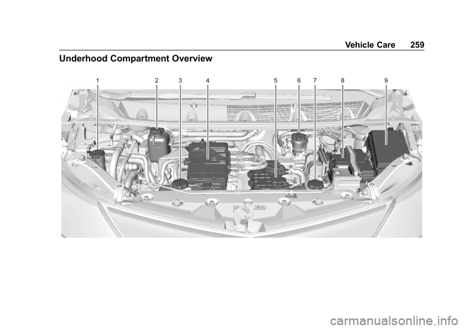 CHEVROLET BOLT EV 2018  Owners Manual Chevrolet BOLT EV Owner Manual (GMNA-Localizing-U.S./Canada/Mexico-
11434431) - 2018 - crc - 2/14/18
Vehicle Care 259
Underhood Compartment Overview 