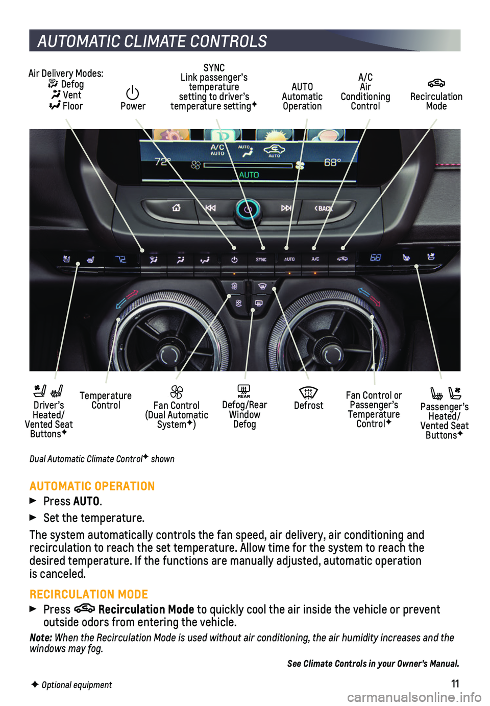 CHEVROLET CAMARO 2018 Get To Know Guide 11
AUTOMATIC CLIMATE CONTROLS
F Optional equipment
Air Delivery Modes: Defog Vent Floor
AUTO Automatic Operation
A/C Air Conditioning Control
Recirculation Mode
Temperature Control Driver’s H CHEVROLET CAMARO 2018 Get To Know Guide 11
AUTOMATIC CLIMATE CONTROLS
F Optional equipment
Air Delivery Modes: Defog Vent Floor
AUTO Automatic Operation
A/C Air Conditioning Control
Recirculation Mode
Temperature Control Driver’s H