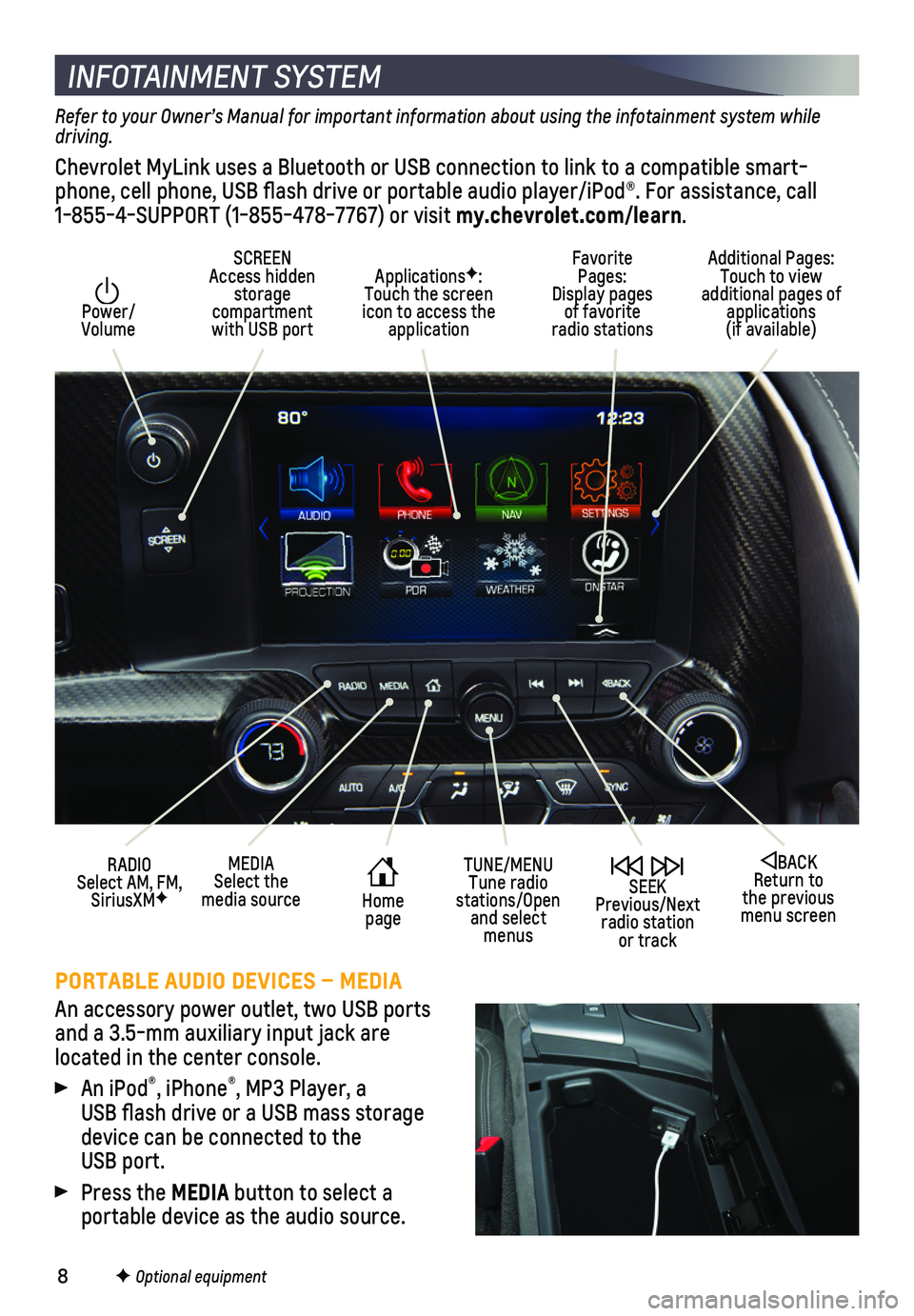 CHEVROLET CORVETTE 2018 Get To Know Guide 8
INFOTAINMENT SYSTEM
Power/ Volume
Additional Pages: Touch to view additional pages of applications (if available)
SCREEN Access hidden storage compartment with USB port
ApplicationsF: Touch the sc CHEVROLET CORVETTE 2018 Get To Know Guide 8
INFOTAINMENT SYSTEM
Power/ Volume
Additional Pages: Touch to view additional pages of applications (if available)
SCREEN Access hidden storage compartment with USB port
ApplicationsF: Touch the sc