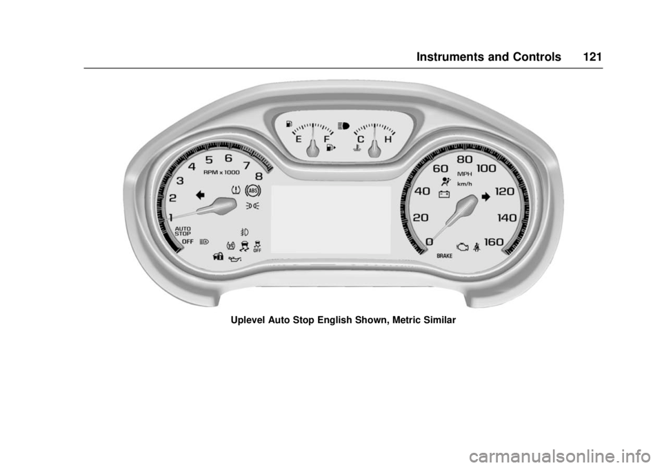 CHEVROLET CRUZE 2018  Owners Manual Chevrolet Cruze Owner Manual (GMNA-Localizing-U.S./Canada/Mexico-
11348462) - 2018 - crc - 5/15/17
Instruments and Controls 121
Uplevel Auto Stop English Shown, Metric Similar 