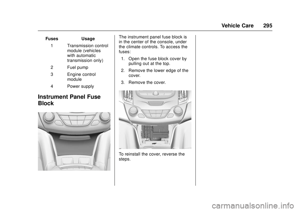 CHEVROLET CRUZE 2018  Owners Manual Chevrolet Cruze Owner Manual (GMNA-Localizing-U.S./Canada/Mexico-
11348462) - 2018 - crc - 5/15/17
Vehicle Care 295
FusesUsage
1 Transmission control module (vehicles
with automatic
transmission only)