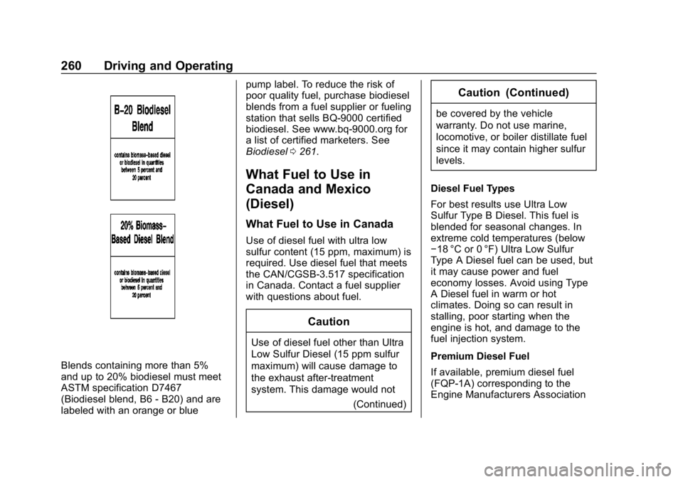 CHEVROLET EQUINOX 2018 Owners Manual Chevrolet Equinox Owner Manual (GMNA-Localizing-U.S./Canada/Mexico-
10446639) - 2018 - CRC - 8/18/17
260 Driving and Operating
Blends containing more than 5%
and up to 20% biodiesel must meet
ASTM spe CHEVROLET EQUINOX 2018 Owners Manual Chevrolet Equinox Owner Manual (GMNA-Localizing-U.S./Canada/Mexico-
10446639) - 2018 - CRC - 8/18/17
260 Driving and Operating
Blends containing more than 5%
and up to 20% biodiesel must meet
ASTM spe